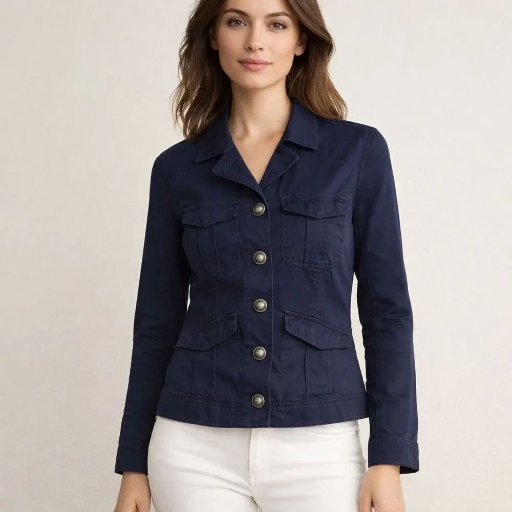 Express Navy Utility Jacket Women Small Stretch Button Front